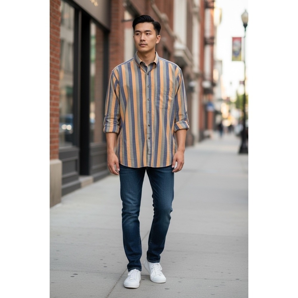 Perry Ellis Men's Long Sleeve Button Down Striped Shirt Orange Blue Gray Size XL